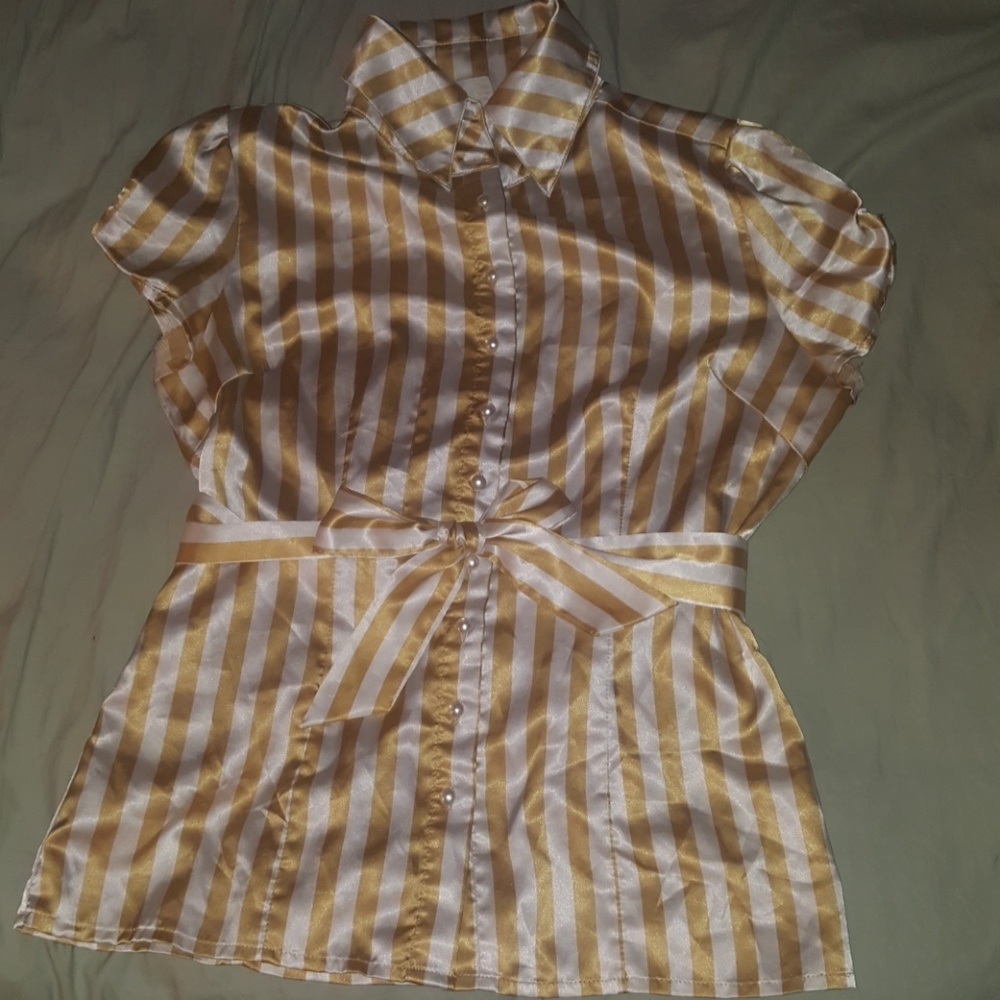 Gold /White Silk Feel Button Up w Tie